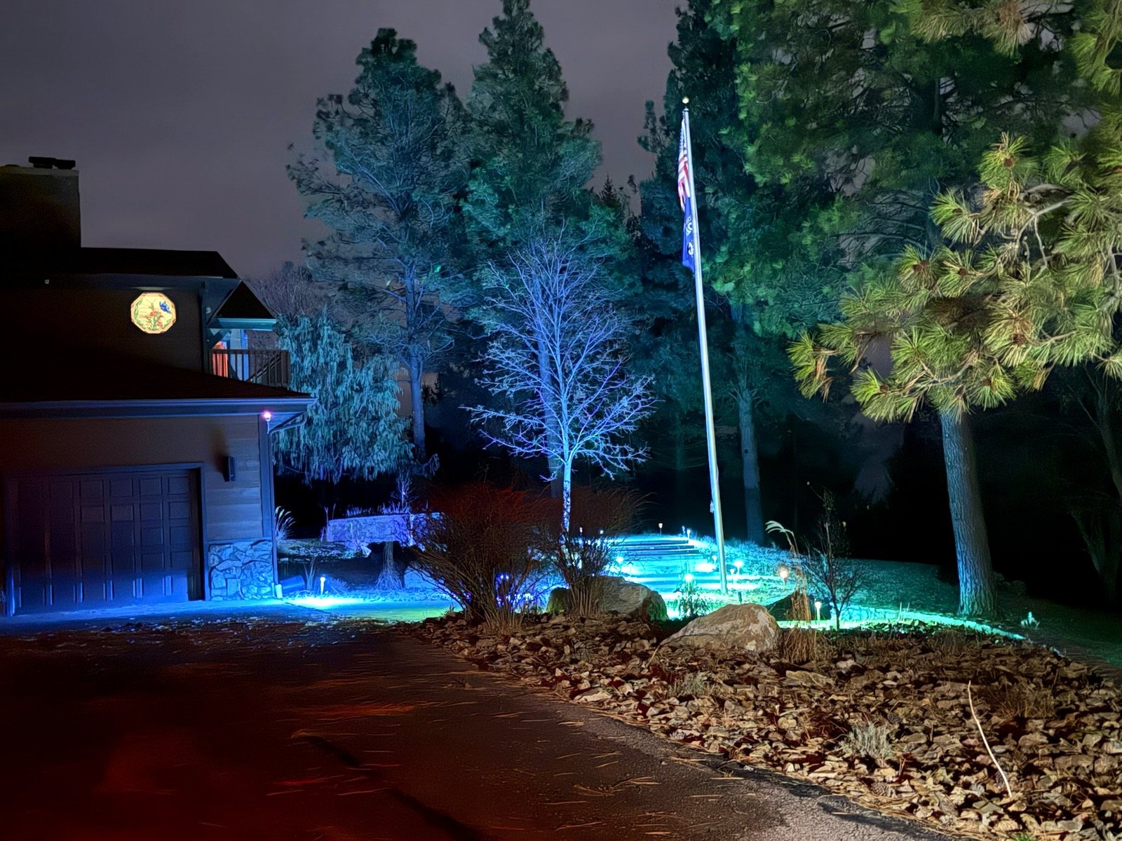 Flag pole and night sky at Eagle's Bluff luxury Montana estate