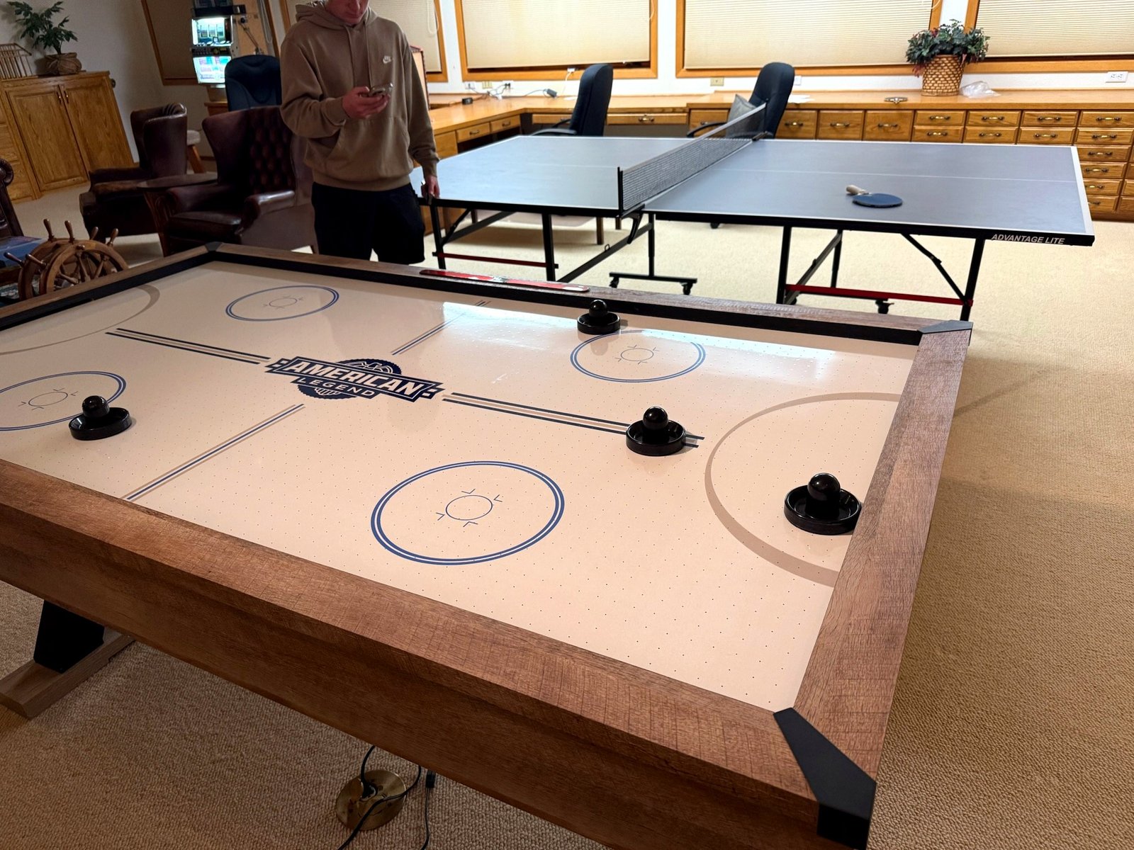 Upper level game room and recreation area at Eagle's Bluff Main House
